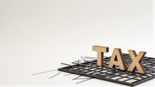 Wooden "TAX" letters rest on shattered black grid, symbolizing financial disruption.
