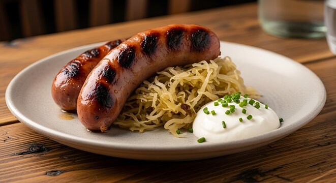 Delicious grilled sausages served with fermented cabbage and sour cream on a ceramic plate sitting atop a rustic wooden dining table during lunch time inside a cozy restaurant establishment
