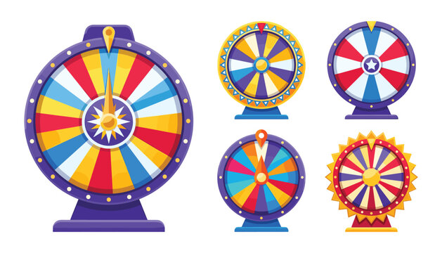 Fortune wheel vector icons set featuring colorful lucky lottery spinning wheels for casino gambling games on white background