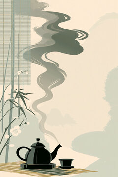 Vertical poster background, new Chinese ink wash style, muted Morandi tea color palette, light beige tea background, 