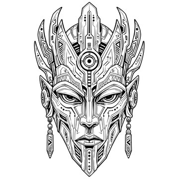 M&aacute;scara de fantas&iacute;a dibujada en blanco y negro para decoraci&oacute;n o tatuaje.
