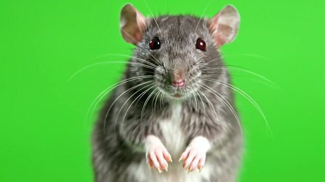 Curious Grey Rat with Big Eyes Stands and Listens on Bright Green Background with Focus on Head
