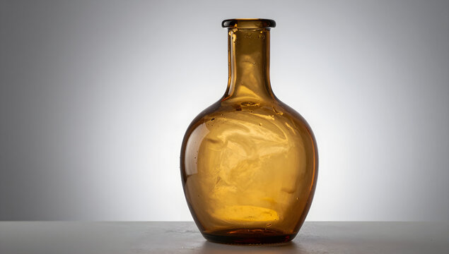 Amber glass bottle with wide belly and narrow neck on studio