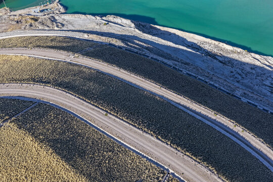 Terraced Slopes Revegetated with Ichu Grass on a Reclaimed Mine Waste Backfill, Aerial View