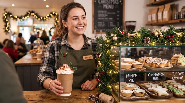 Barista woman serving coffee in cafe decorated for Christmas. Small business owner offering festive takeaway beverage and baked goods. Holiday customer service in coffee shop atmosphere