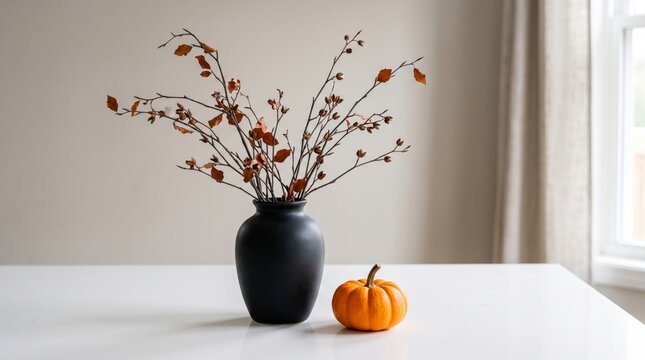 Black vase with dry tree branches and orange pumpkin on table. Minimalist autumn home decor for Thanksgiving and Halloween interior styling. Seasonal fall aesthetic still life