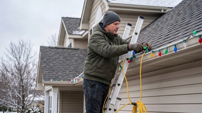 Man standing on ladder installing Christmas lights on house roof. Professional electrician preparing festive decoration for holiday season. Exterior maintenance and winter home improvement