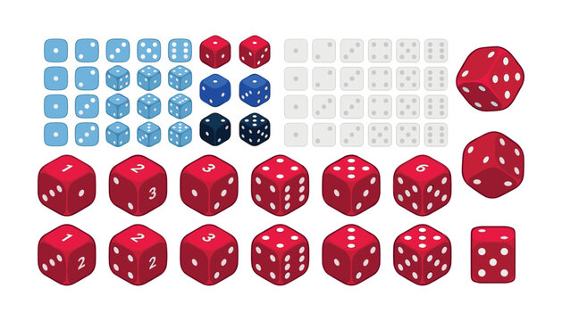 Game dice vector collection featuring colorful isometric and flat gambling cubes with dots and numbers on white background