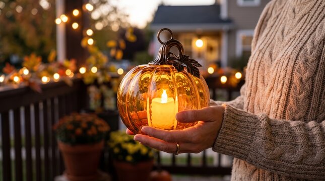 Woman holding glowing glass pumpkin lantern on autumn evening. Cozy festive home decor for Halloween or Thanksgiving holiday celebration. Concept of seasonal mood and comfort in fall