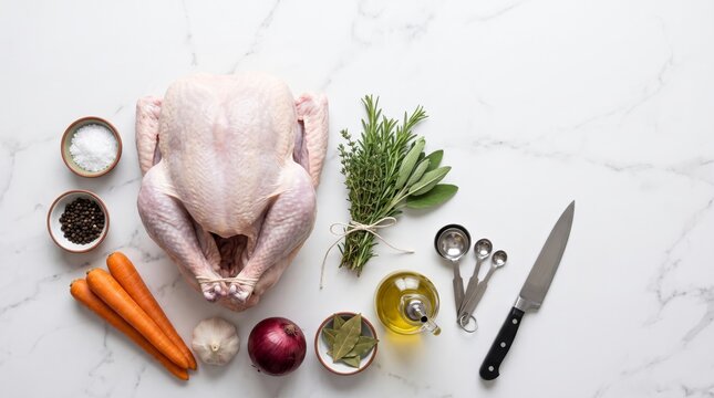 Raw whole turkey with vegetables and herbs on marble table top view. Ingredients for cooking Thanksgiving dinner or Christmas meal. Healthy holiday food preparation concept background, copy space