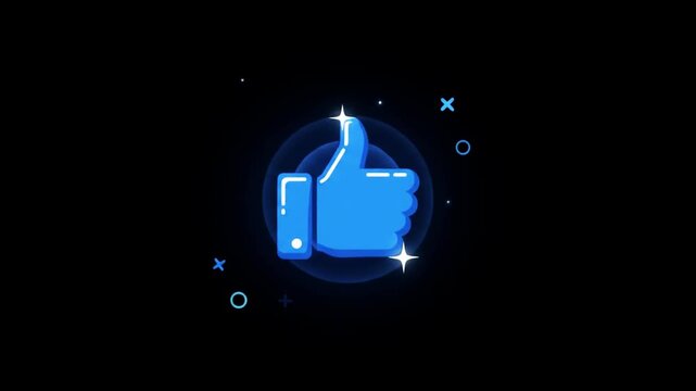 Glowing blue thumbs up animation with sparkles on black background