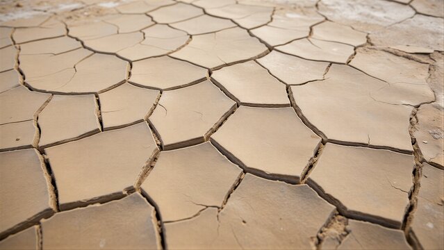 Dry, cracked earth reveals a harsh landscape after prolonged drought.
