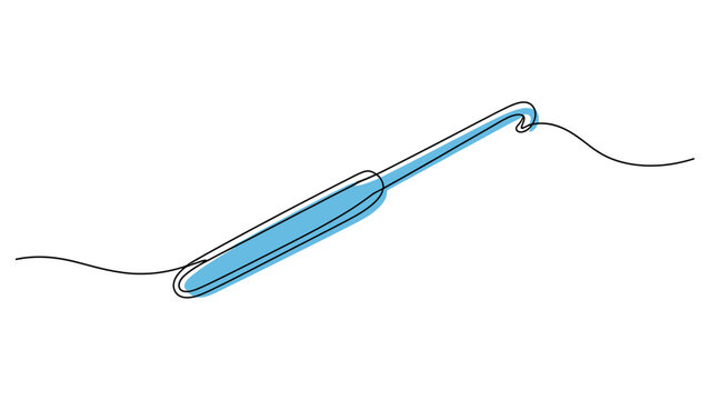Continuous one line drawing of a crochet hook with blue fill isolated on a white background Vector, illustration