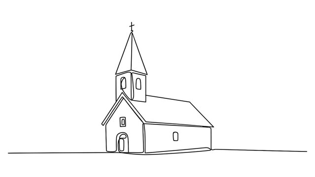 Continuous single line drawing of a small church building with a steeple cross isolated on a white background Vector, illustration