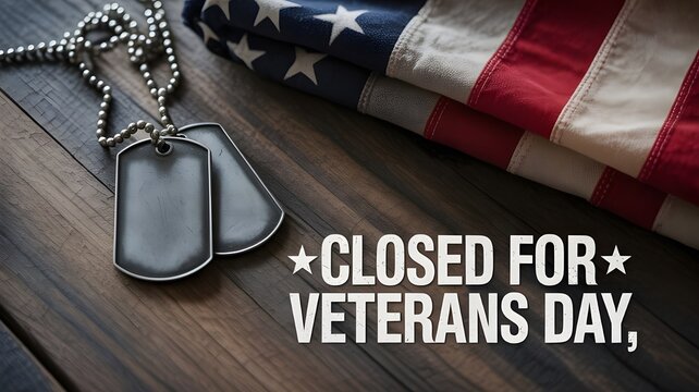 Military dog tags and a folded american flag on a dark wooden background, representing veterans day closure notice
