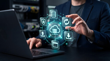 Fototapeta premium IT professional managing cloud computing infrastructure with digital server interface
