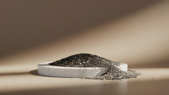 A pile of black chia seeds arranged on a small white platform, casting a soft shadow
