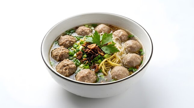 Delicious Indonesian bakso meatball soup with noodles clear broth fried shallots and scallions in ceramic bowl isolated on white background