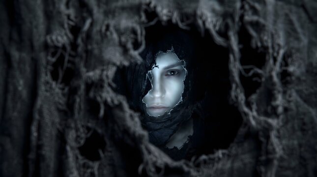 Creepy Ghost Eyes Peering Through Dark Tattered Veil Halloween Spooky
