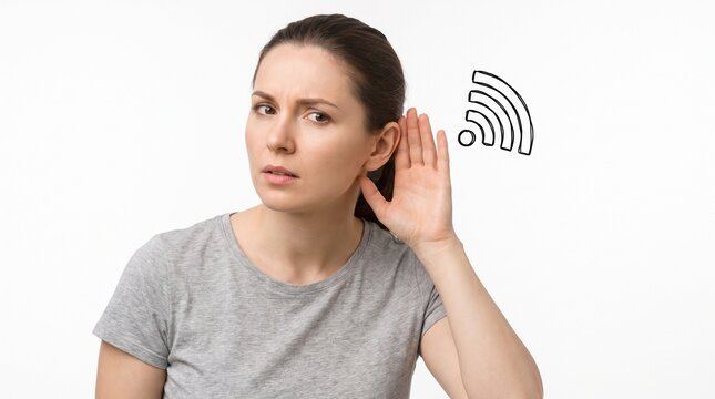 A woman cupping her ear, with a drawn wifi symbol beside her, suggesting she is trying to listen or receive a signal