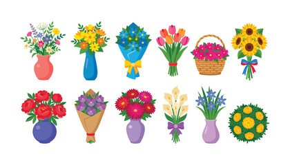 Colorful beautiful flower bouquets and spring blossoms in elegant vases or baskets vector collection for greetings card background designs © moinul