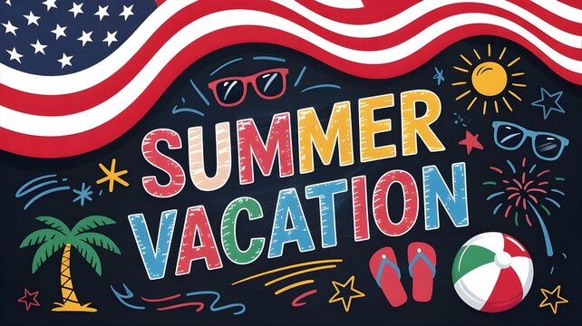 Summer vacation background with american flag, palm tree, beach ball, flip flops, sunglasses and fireworks on dark chalkboard background