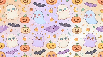 Fototapeta premium Seamless Pattern of Cute Cartoon Ghosts and Pumpkins for Kids