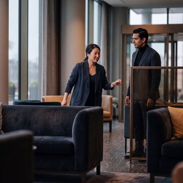 An Asian businesswoman in smart casual attire walking and speaking with a male colleague in a modern luxury hotel lobby or executive lounge