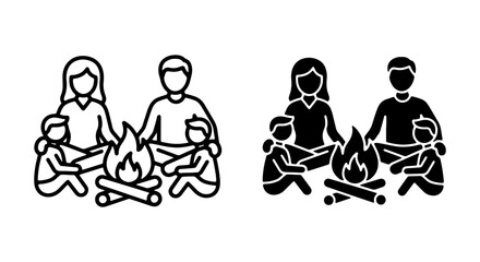 Family Campfire Icons, Outdoor Leisure, Summer Camping, Evening Gathering, Vector Set
