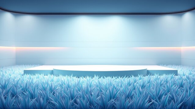 Empty stage with glowing lights. Blue grass covers floor. Minimalist design creates modern presentation space. Clean, futuristic aesthetic.