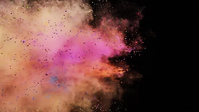Overlay video transition, Vibrant multicolored powder explosion isolated on black background.