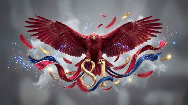 Majestic red eagle soaring over golden milestone number