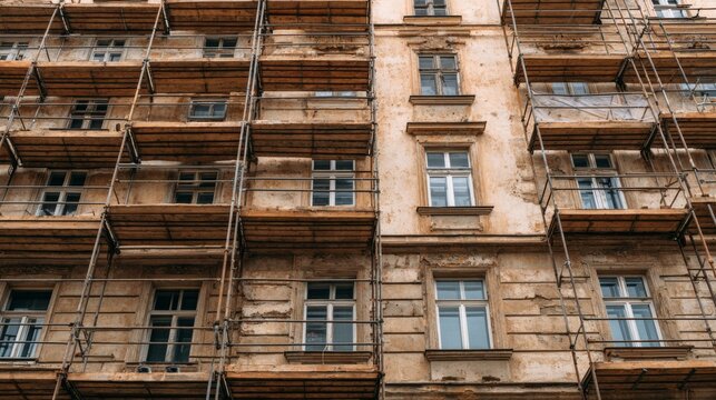 Skilled Workers Restore Ornate Historic Stone Building Facade Using Scaffolding During Major Urban Heritage Conservation Project
