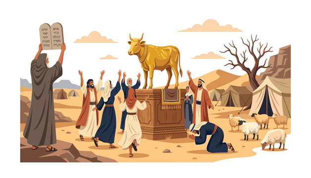 Moses holding ten commandments tablets looking at israelites worshiping golden calf idol in desert camp vector illustration