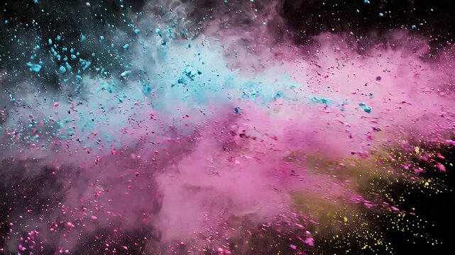 Overlay video transition, Dynamic multicolored powder explosion with pink blue and yellow hues isolated on a black background.