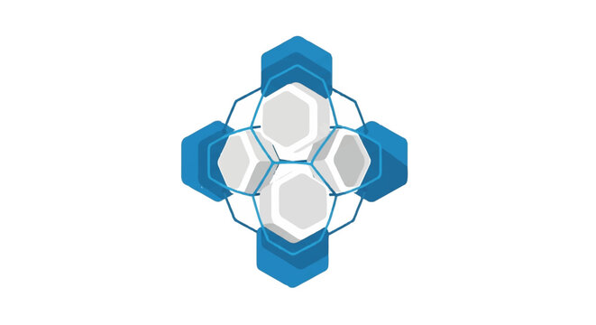 A series of interlocking white and blue hexagons forming a hexagonal molecular structure, representing a strong cellular defense grid, bright studio lighting, clean and organized look,