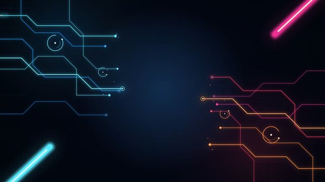 Two symmetrical circuit board patterns in blue and orange facing each other on a dark void.