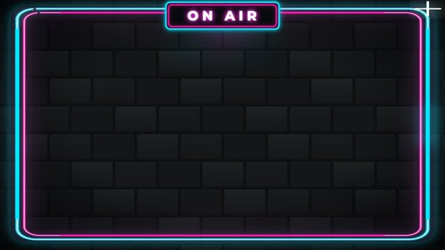 livestream background,A neon light sign with text On Air on a black brick wall.