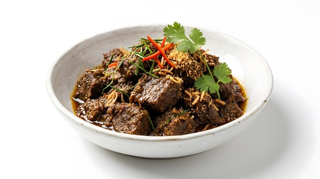 A bowl of delicious beef rendang served with fresh herbs on a white background.