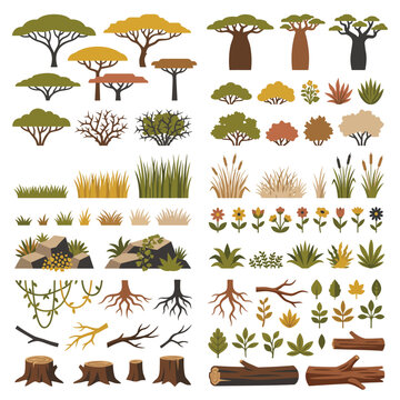 Savanna nature elements set with flat baobab trees acacia shrubs grass rocks and wooden logs vector illustration