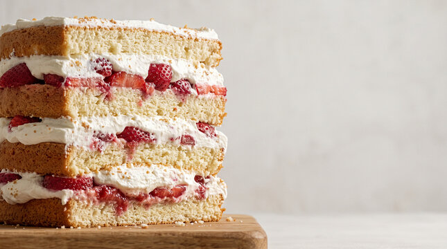Square layered strawberry chiffon cake wall cross section on wooden board with large copy space for dessert background concept.