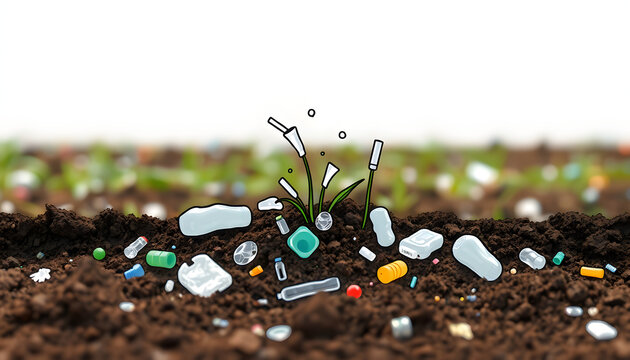 Microplastic pollution. Microplastics in ground. Soil contaminated with microplastics. Plastic waste in soil, earth. Environmental, groundwater disaster. Plastic waste in ground at agricultural fiel