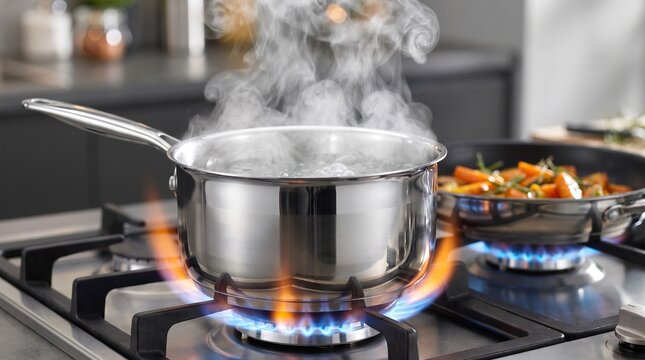 &Aacute;gua fervendo em panela de a&ccedil;o inoxid&aacute;vel no fog&atilde;o a g&aacute;s com muito vapor