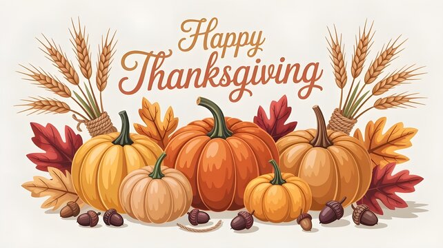 Happy thanksgiving greeting card with pumpkins, autumn leaves, wheat stalks and acorns isolated on white background