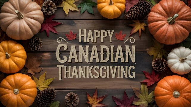 Happy canadian thanksgiving greeting card with pumpkins, pine cones, and autumn leaves on a rustic wooden background