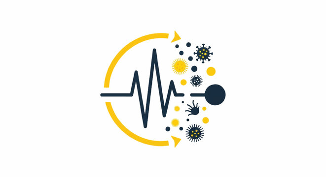 A stylized pulse wave emanating from a central core, disintegrating surrounding germ icons in a circular motion. High energy design using yellow and dark navy. Minimalist flat vector artwork,