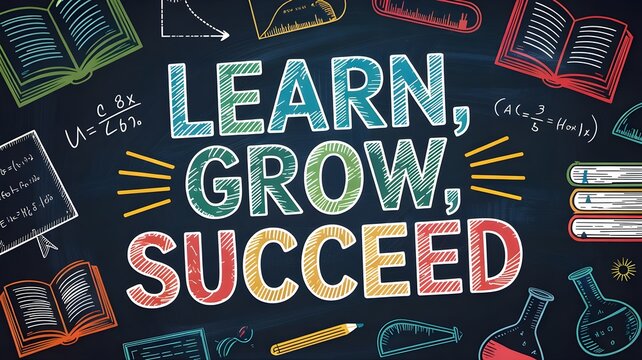 Learn, grow, succeed motivational quote on a chalkboard background with school supplies and educational icons like books, rulers, and beakers