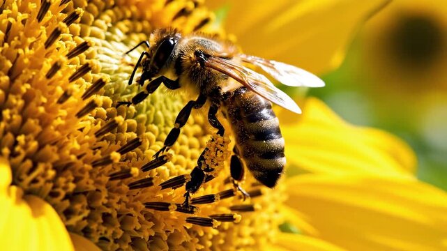 Macro photo of a honeybee collecting pollen on a bright sunflower under direct sunlight.