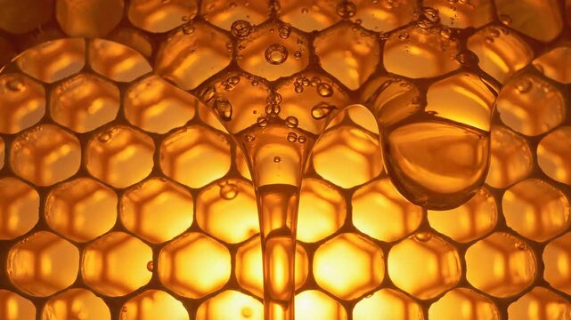 Close-up macro shot of thick golden honey dripping slowly over a natural hexagonal honeycomb background.