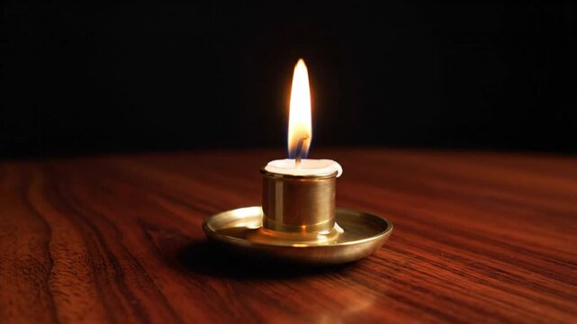 Burning candle in elegant brass holder on wooden table against black background with mesmerizing firelight and shadows